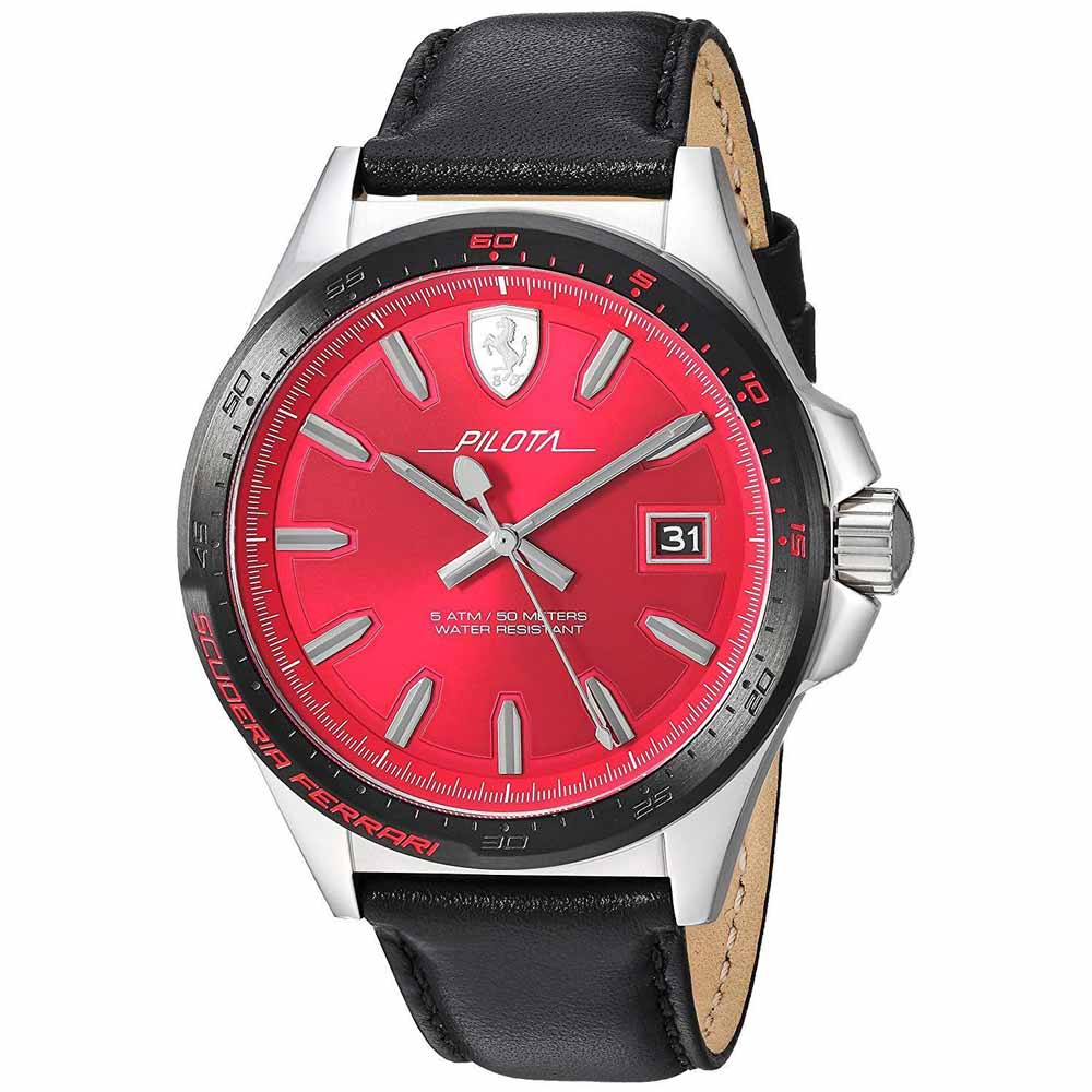 Reloj Ferrari Pilota 0830489 Fecha Correa de Cuero negro Dial Rojo
