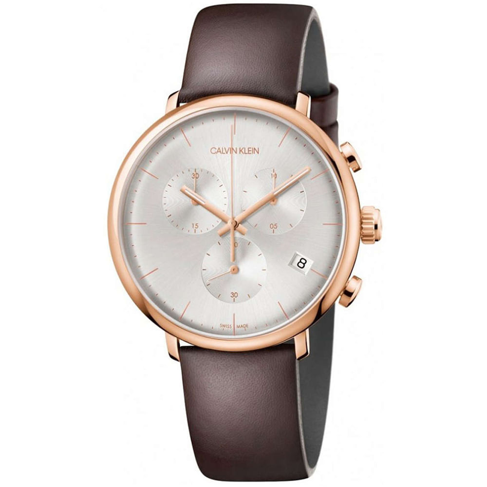 Reloj Calvin Klein High Noon K8M276G6 Suizo Fecha Cronómetro Correa de Cuero Marrón