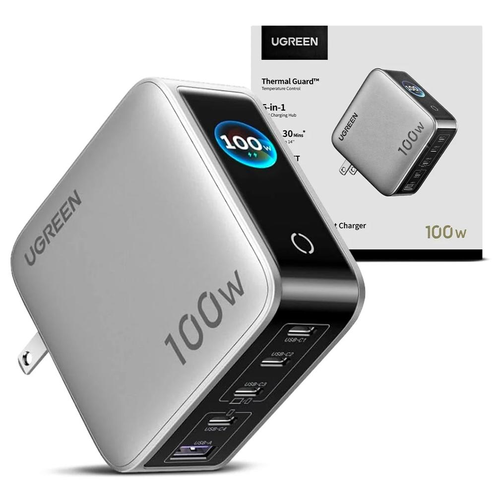 Cargador UGREEN 100W X773 5 Puertos GaN Pantalla Digital Carga Laptop y Celular