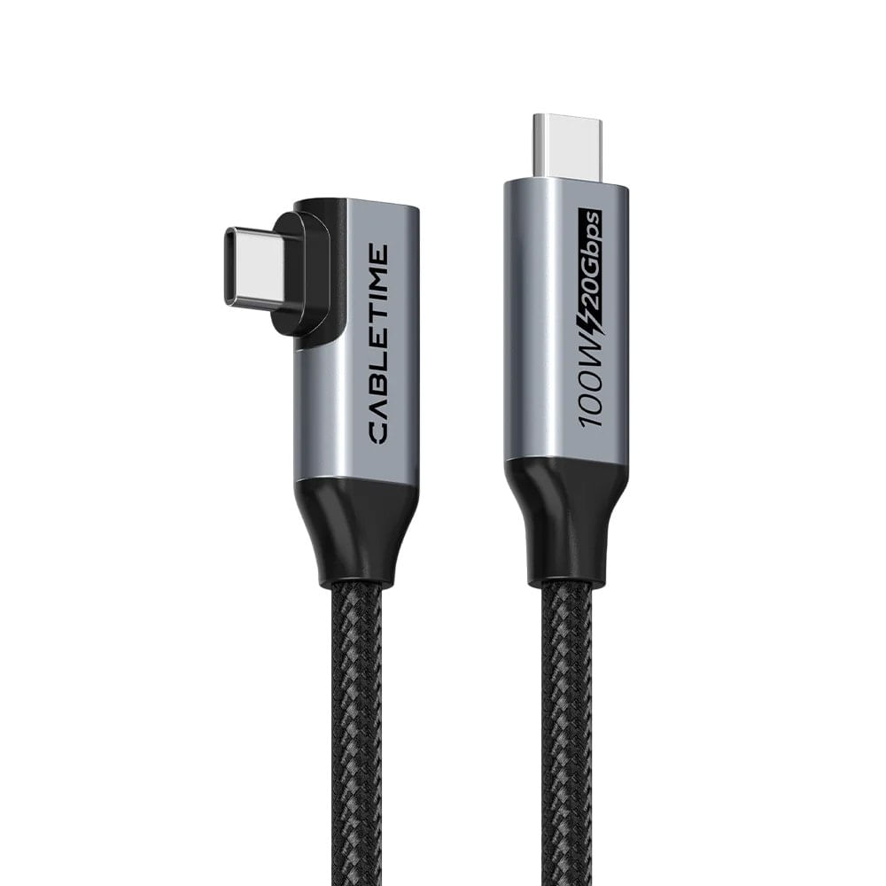 Cable USB-C a USB-C 90 grado CABLETIME 100W 20Gbps Video 4K 60Hz 1 M Nylon Trenzado CU24H