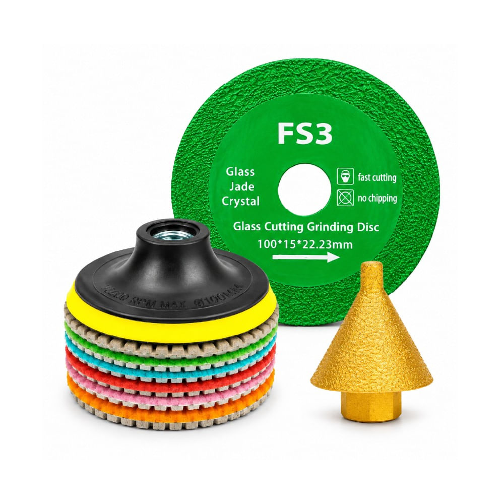 Pack de Enchapado: Kit de Pulidores + Broca Cónica Diamantada 50 Mm + Disco Verde para Porcelanato
