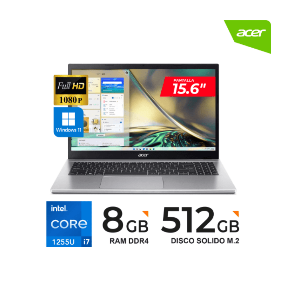 LAPTOP ACER A3 15.6 FHD Intel Core i7 1255U 8GB 512GB SSD Windows 11 Home