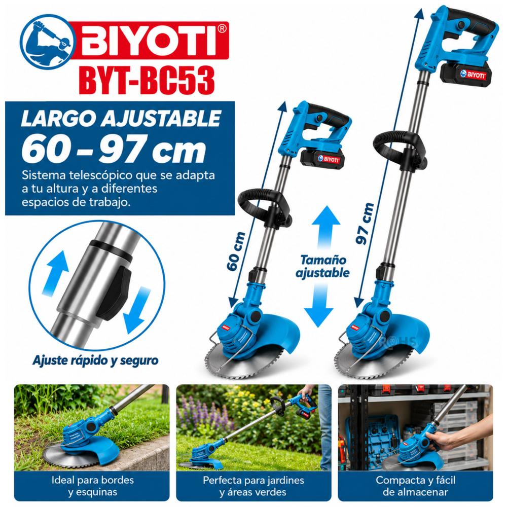 Desbrozadora Podadora Inalámbrica Biyoti BYT-BC53 600W - 3 en 1 - 2 Baterías y Accesorios