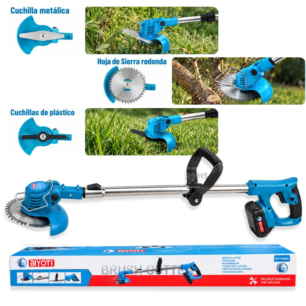 Desbrozadora Podadora Inalámbrica Biyoti BYT-BC53 600W - 3 en 1 - 2 Baterías y Accesorios