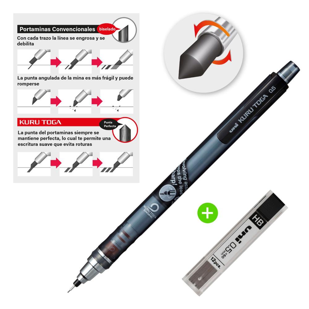 UNI Kurutoga Portaminas auto-tajable Negro mas Minas HB de repuesto