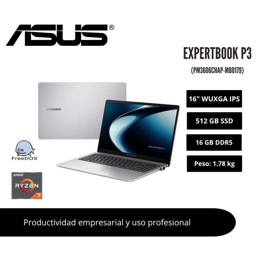 LAPTOP ASUS EXPERTBOOK P3 16 WUXGA IPS RYZEN 7 8840HS 16GB DDR5 512GB SSD MISTY GREY 90NX09T1-M00680