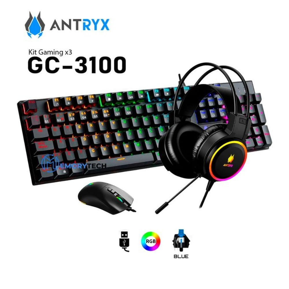KIT GAMING TECLADO+MOUSE + AUDIFONO ANTRYX GC-3100 X3 NEGRO AGC-3100X3KBL-SP