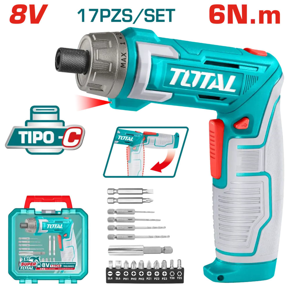 DESTORNILLADOR AJUSTABLE TIPO-C 8V HEX 1- 4 20RPM 6N.M  - ACC 17PCS ESTUCHE