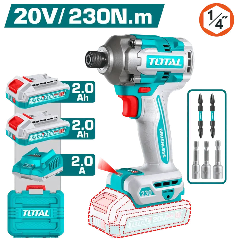 ATORNILLADOR IMPACTO 20V HEX 6.35 230NM 2X2.0AH 0-