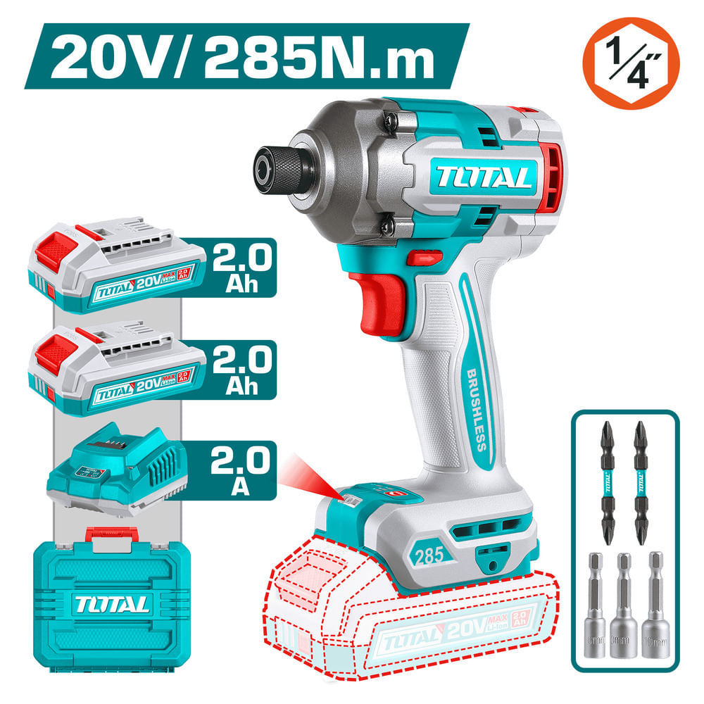 ATORNILLADOR IMPACTO 20V HEX.6.35 285NM 2X2.0AH 0-