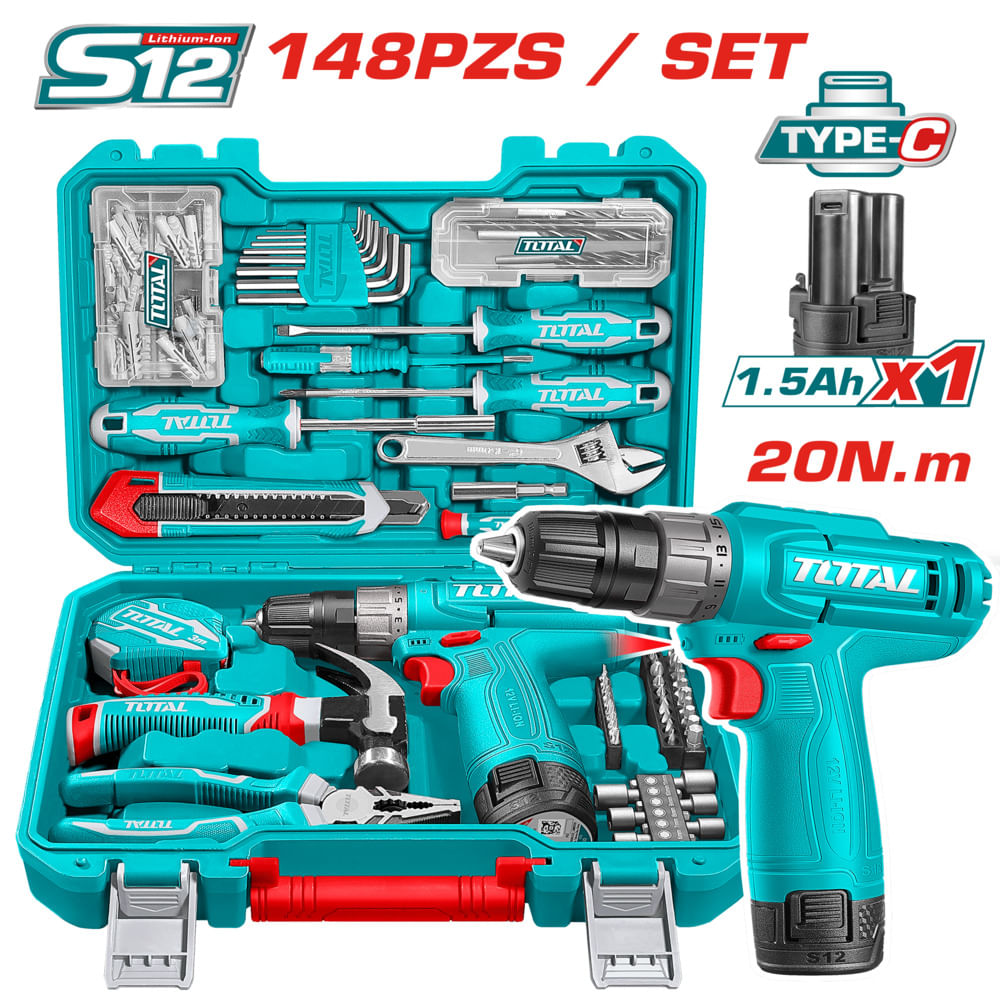 SET TALADRO 12V 20NM 1X1.5AH  HERRAMIENTAS 148 PIEZAS -  MALETIN