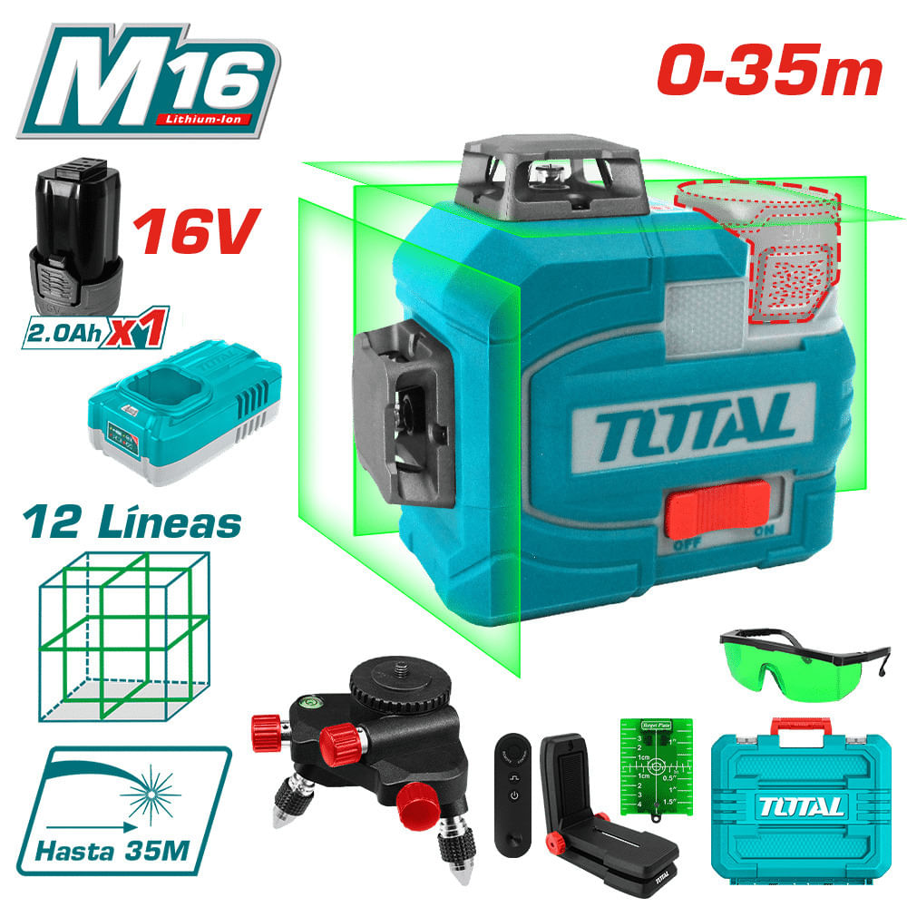 NIVEL LASER 3D 16V 12LINEAS 0-35M VERDE 1X2.0AH  ACCESORIOS