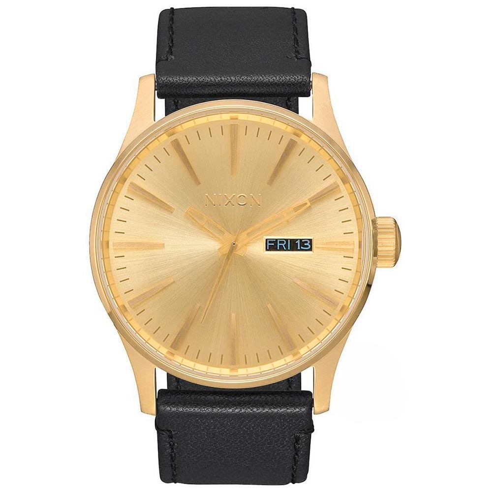 Reloj Nixon Sentry A105510 Fecha Acero Inoxidable Dorado Correa De Cuero Negro Dial Dorado