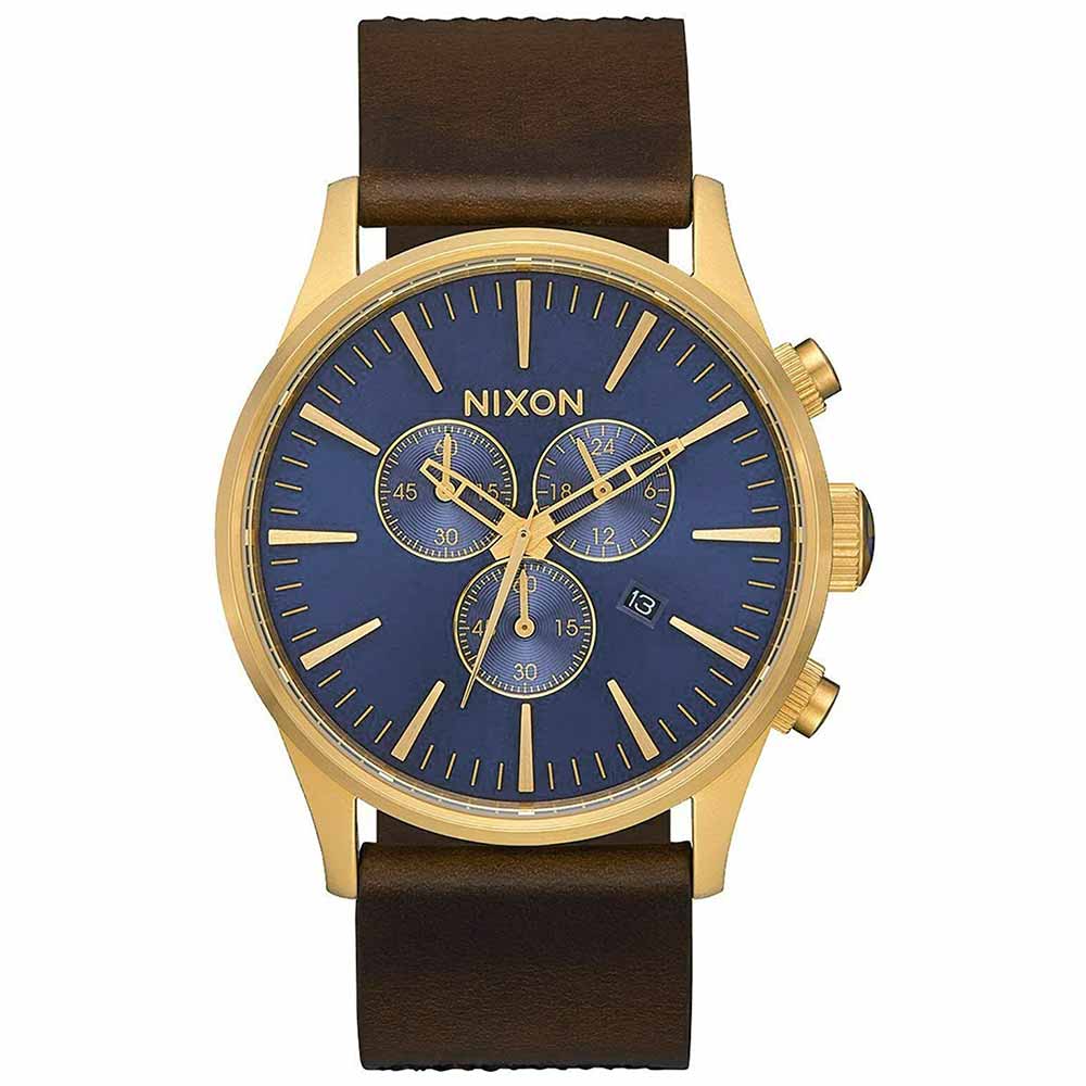 Reloj Nixon Sentry Chrono A4053210 Fecha Cronometro Correa Cuero Marrón Dial Azul