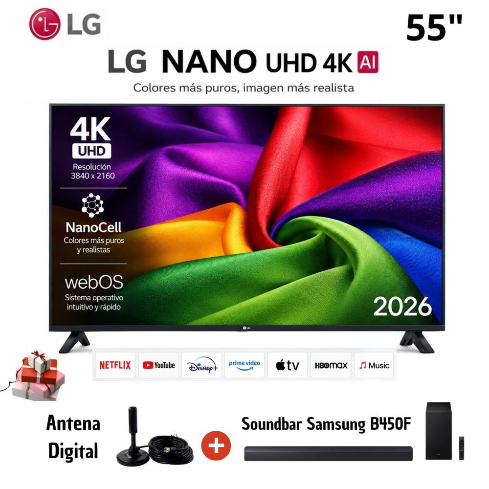 Televisor LG 55 Smart TV NanoCell UHD 4K 55NU800BPSB con Antena y Soundbar Samsung B450F