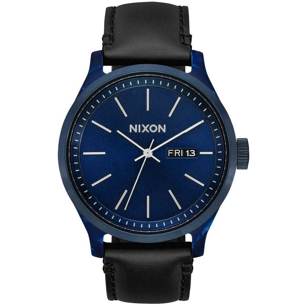 Reloj Nixon Sentry Luxe A12633168 Fecha Correa de Cuero Negro Dial Azul