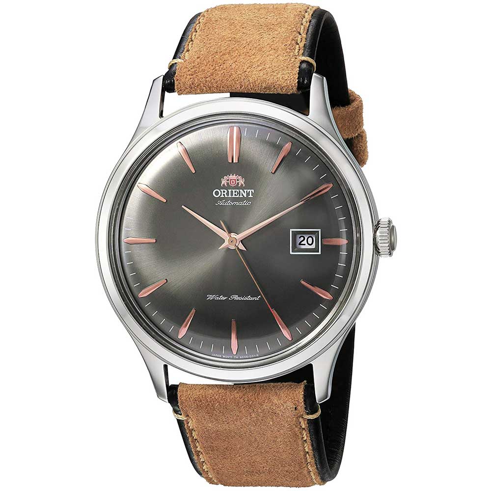 Reloj Orient Bambino 4 FAC08003A0 Automático Fecha Correa de Cuero Beige Dial Gris