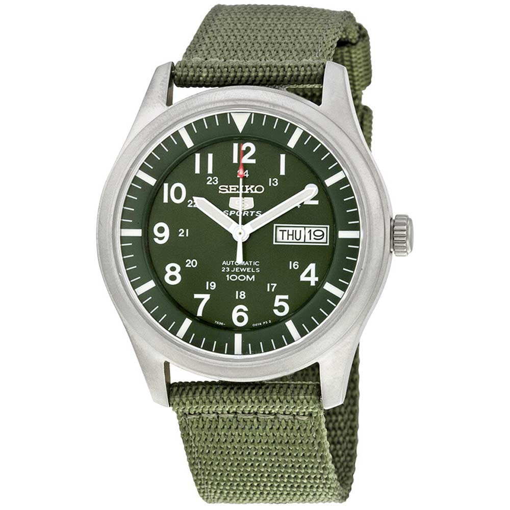 Reloj Seiko 5 Sports SNZG09 Automatico Fecha Acero Inoxidable Mate Correa de Nailon Verde