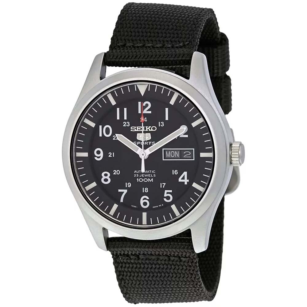Reloj Seiko 5 Sports SNZG15 Automático Fecha Acero Inoxidable Mate Correa de Nailon Negro