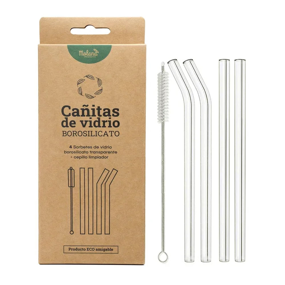 Set 4 Cañitas de Vidrio con Cepillo Limpiador
