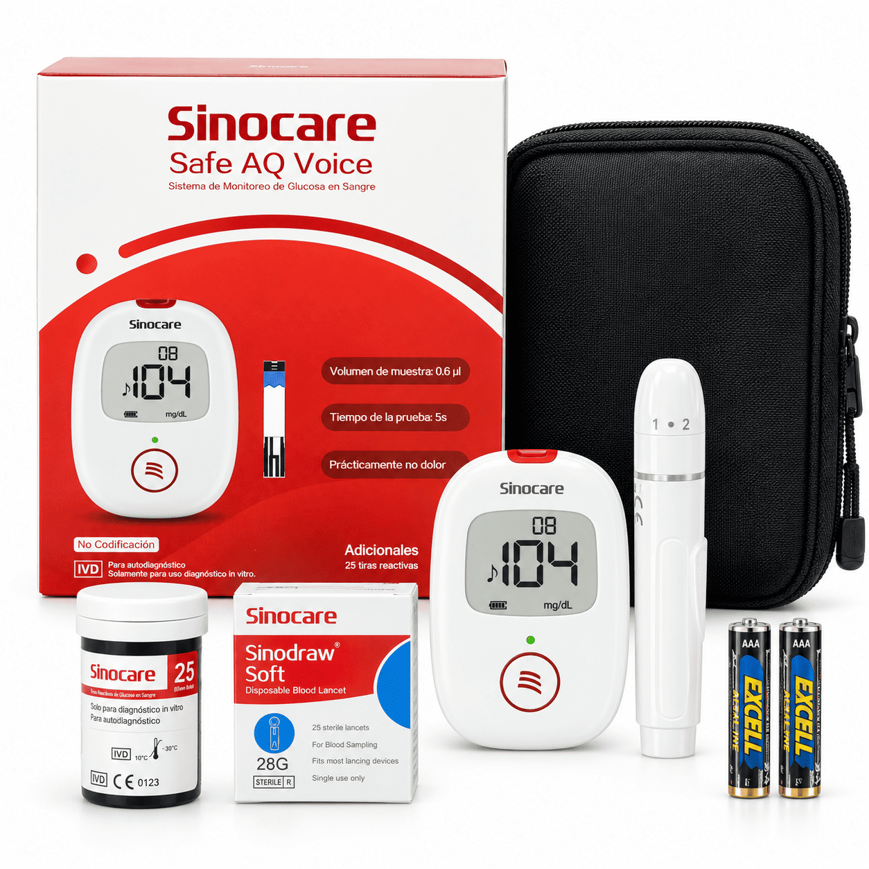 Kit Glucómetro Sinocare Safe AQ Voice  75 Tiras - 75 Lancetas con Función de Voz