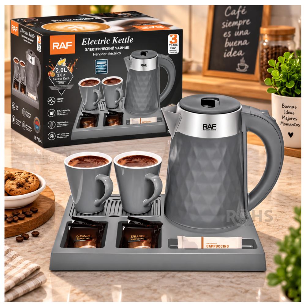Set de Hervidor Eléctrico RAF R.7924 - 1500W - Diseño Moderno  2 Tazas de Loza