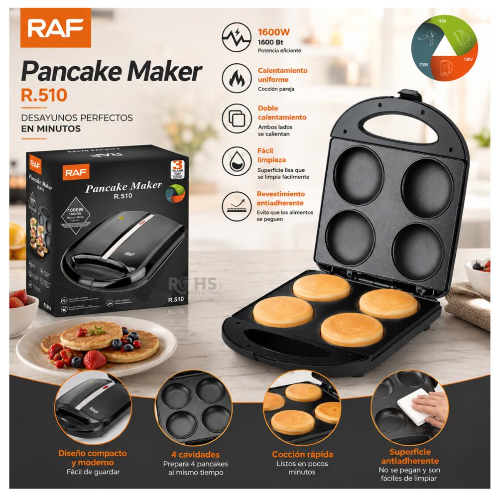 Máquina Multifunción para Arepas y Pancakes RAF R.510 - 1600W - 4 Cavidades y Antiadherente
