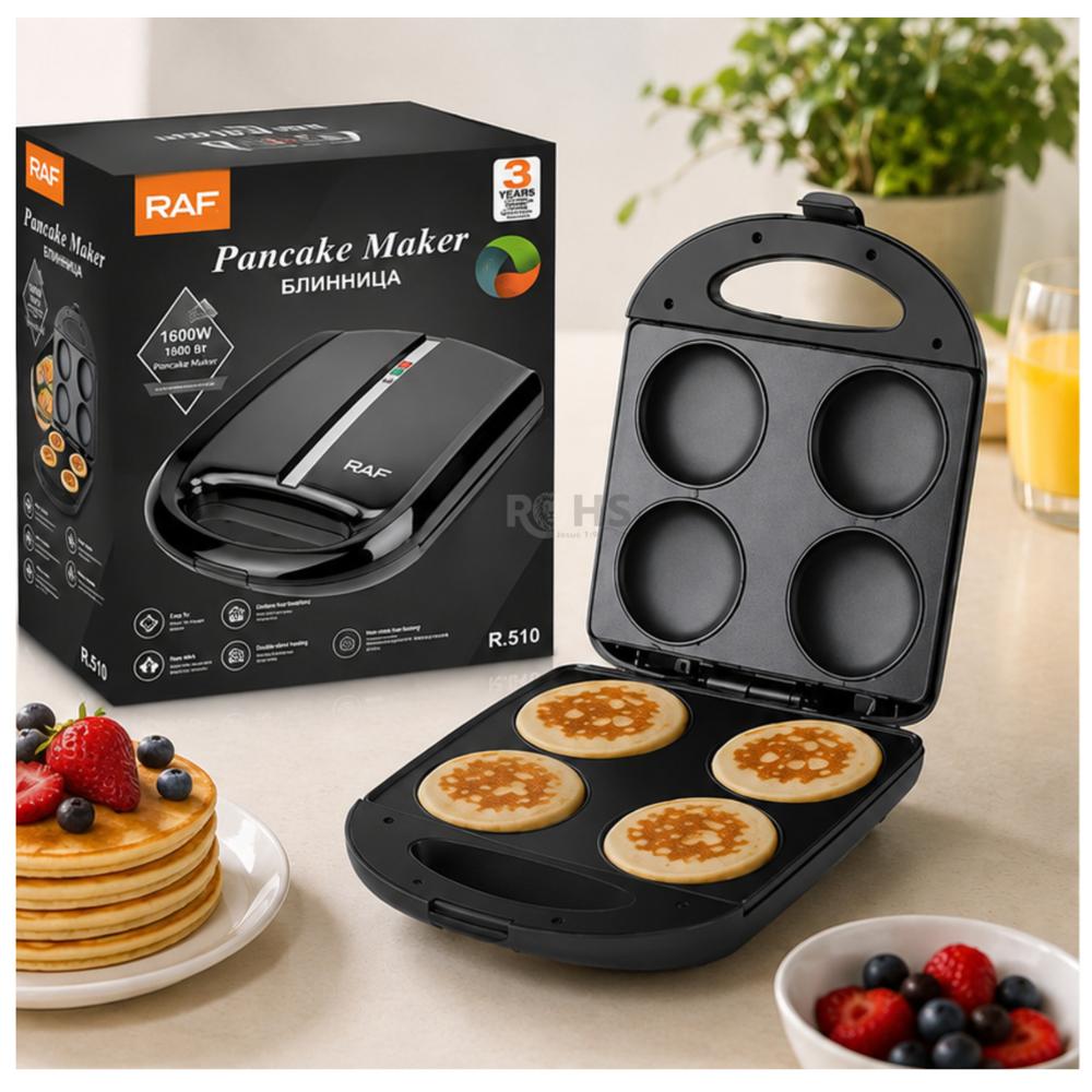 Máquina para Arepas y Pancakes RAF R.510 - 4 Cavidades y Placas Antiadherentes - 1600W