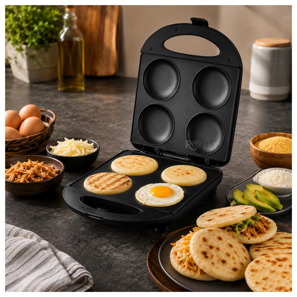 Máquina Multifunción para Arepas y Pancakes RAF R.510 - 1600W - 4 Cavidades y Antiadherente