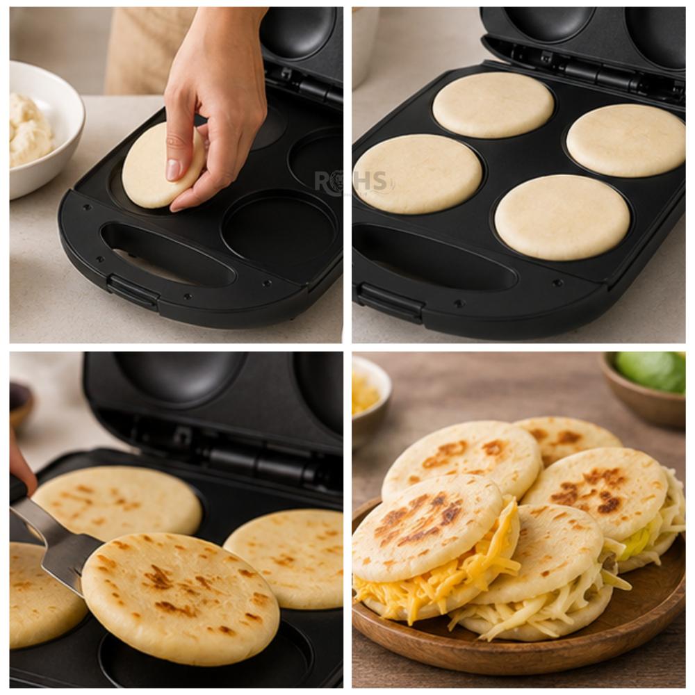 Máquina Multifunción para Arepas y Pancakes RAF R.510 - 1600W - 4 Cavidades y Antiadherente