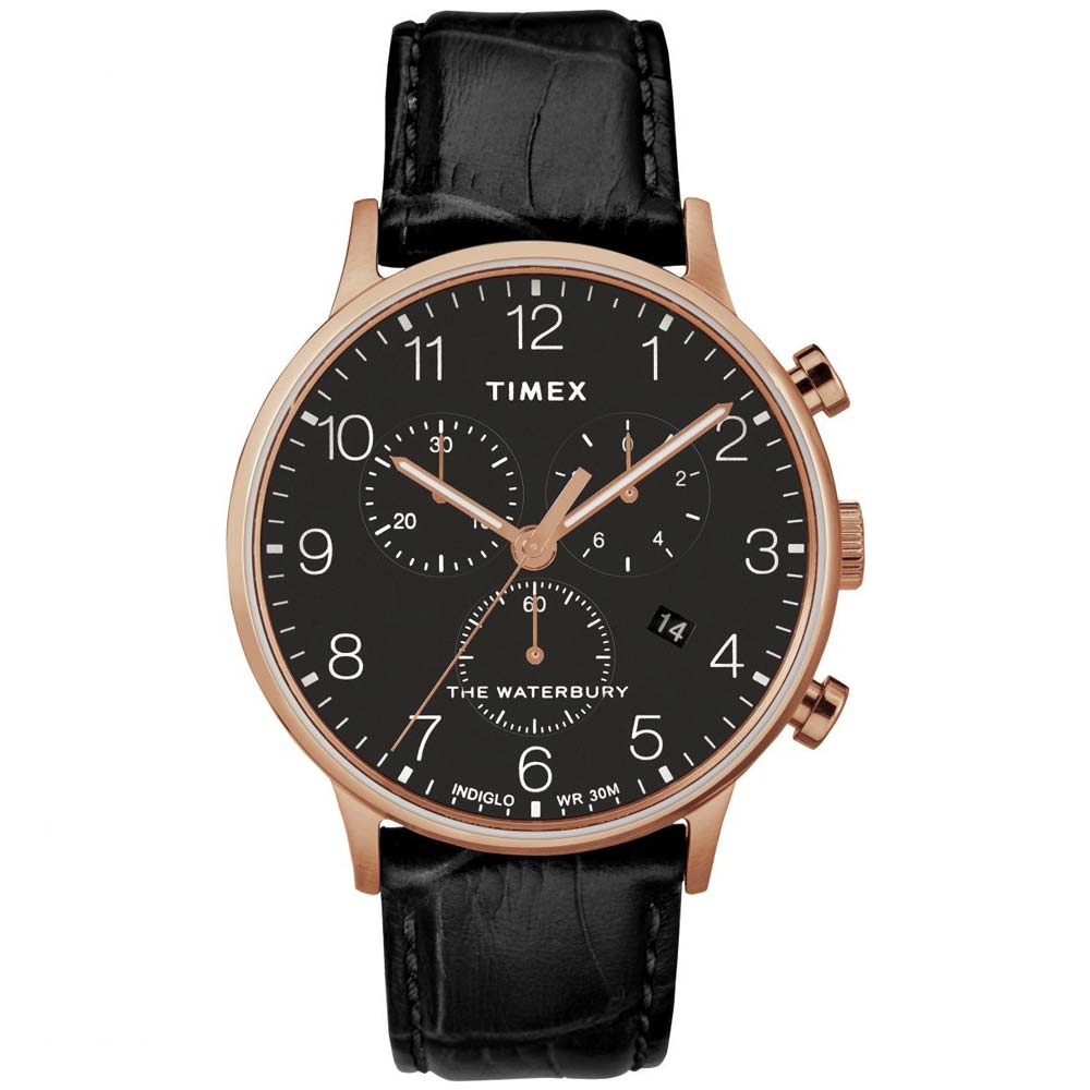 Reloj Timex Waterbury TW2R72000 Luz de Fondo Indiglo Fecha Cronómetro Correa de Cuero Dial Negro