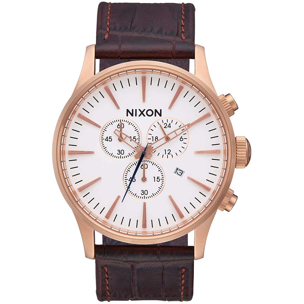 Reloj Nixon Sentry A4052459 Fecha Cronómetro Correa de Cuero Marrón Dial Blanco