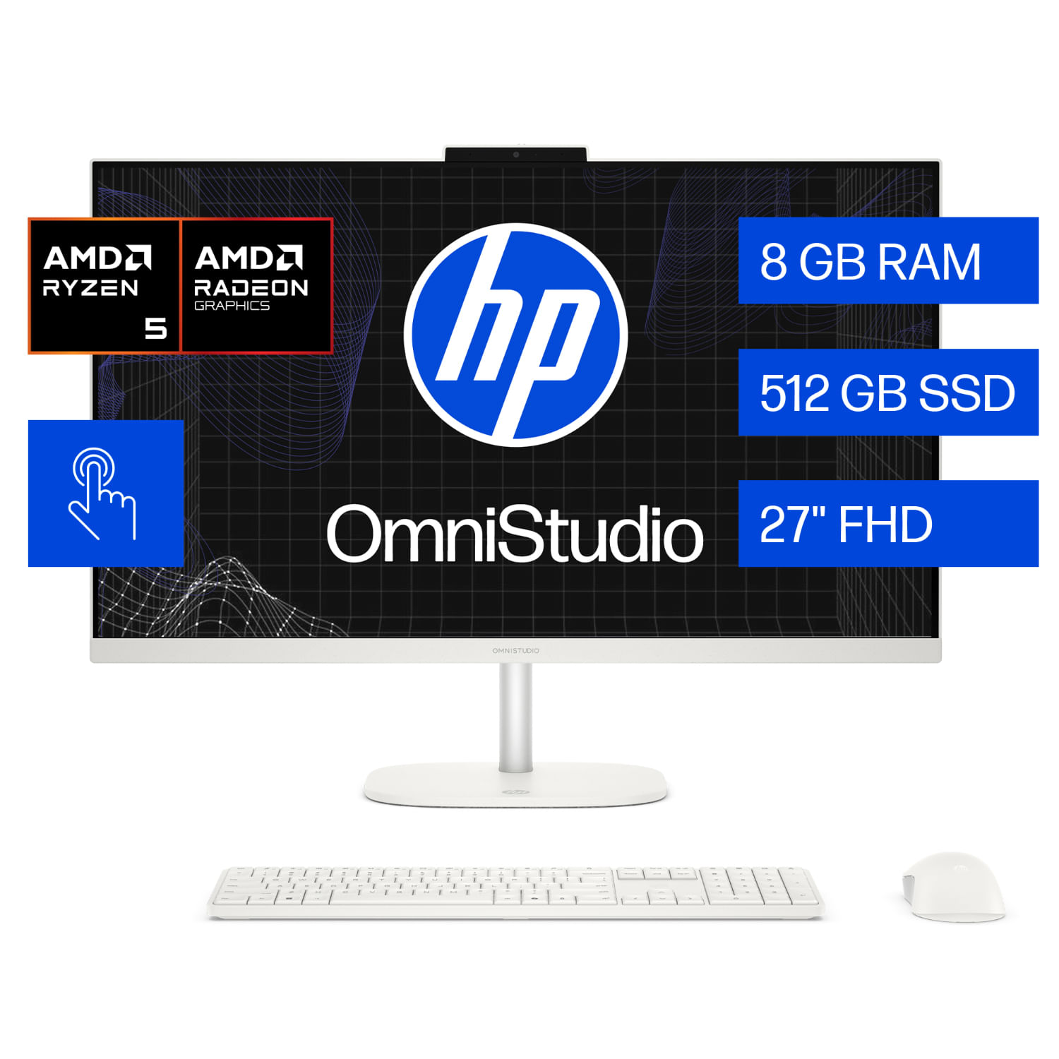 All in One HP OmniStudio 27-cv0071la, AMD Ryzen 5, 8 GB RAM, 512 GB SSD, 27" Táctil FHD, Windows 11 Home