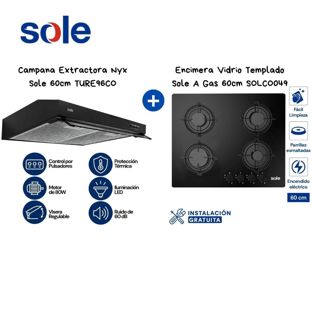 COMBO Encimera Vidrio Templado Sole A Gas 60cm SOLCO049 y Campana Extractora Nyx Sole 60cm TURE96CO