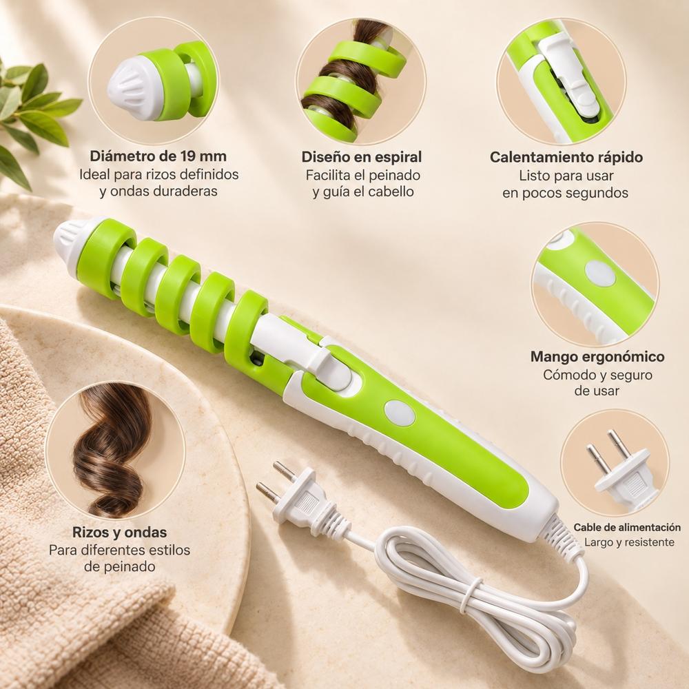 Onduladora de Cabello Profesional 19 mm Rizador Eléctrico para Rizos y Ondas Color Verde