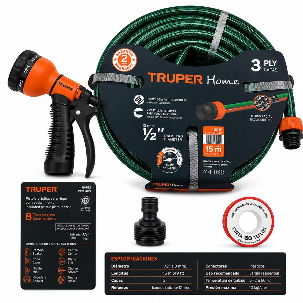 Kit Manguera Para Jardín Truper Home 15 Metros 1-2 Pulgada 3 Capas Con Pistola De Riego 8 Funciones