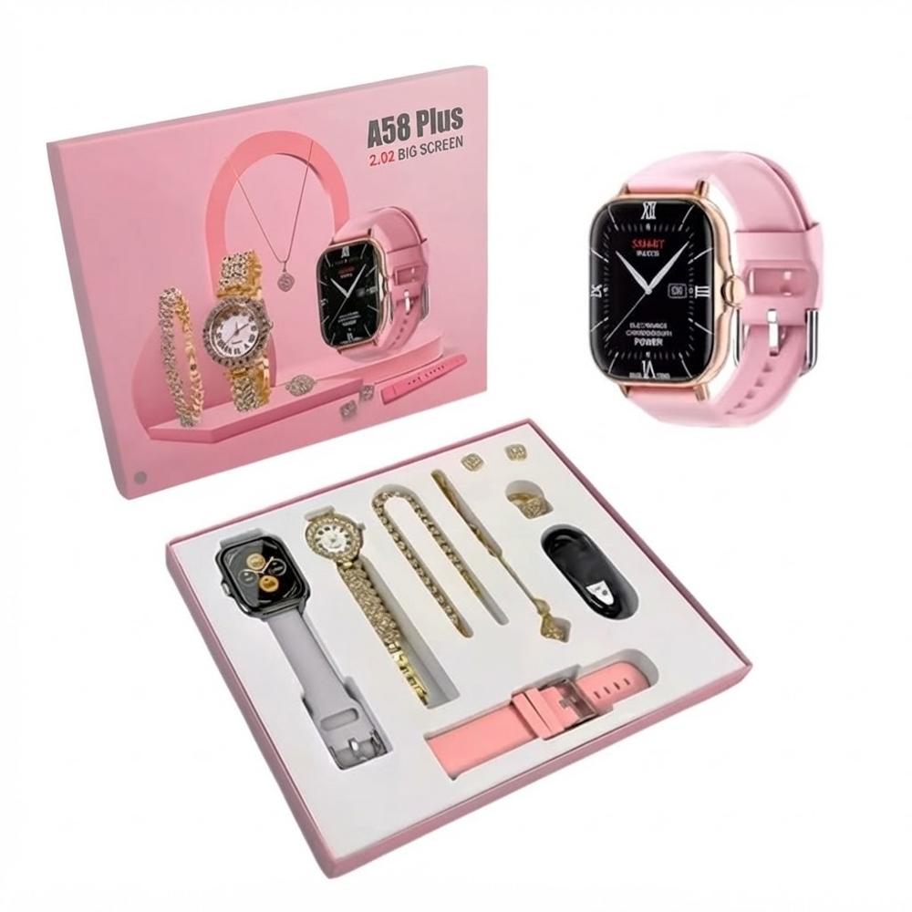 Smartwatch A58 PLUS Set Mujer con Accesorios Dorados y Correas Intercambiables Rosado Gris