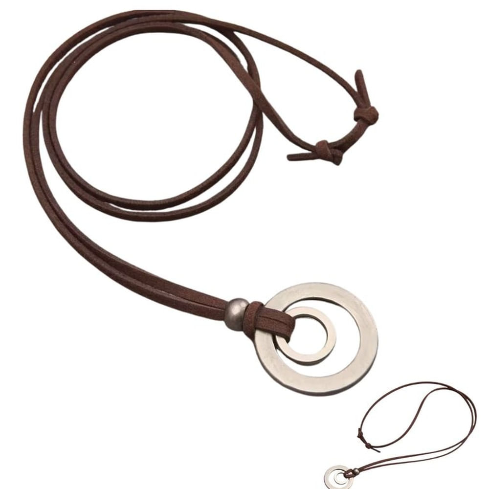 collar de cuero con dije doble círculo ajustable marrón