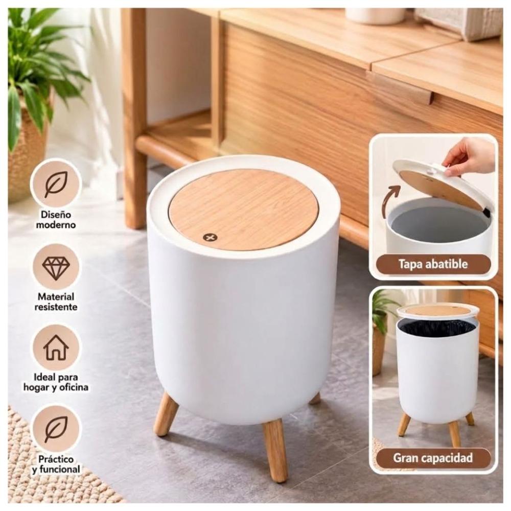 Tacho Basurero Bambu Moderno con Tapa Push 36x22 CM