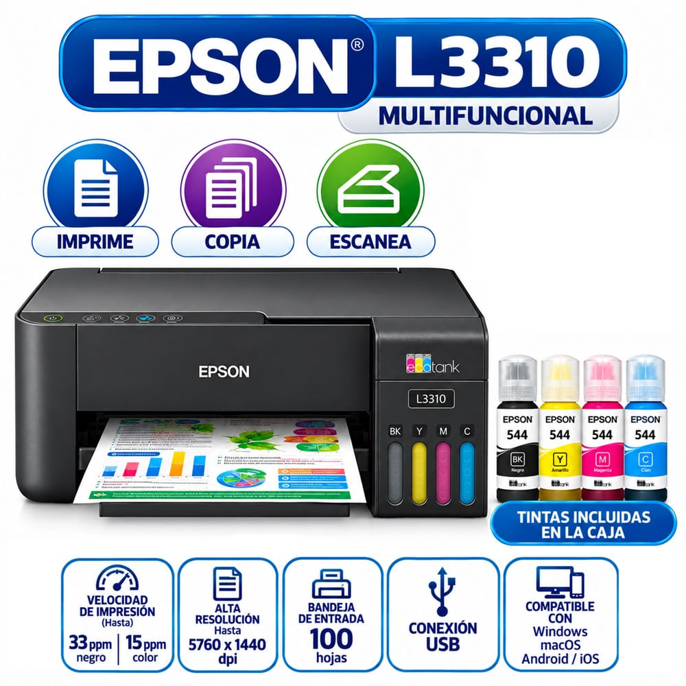 Impresora Epson Multifuncional EcoTank L3310 Color USB