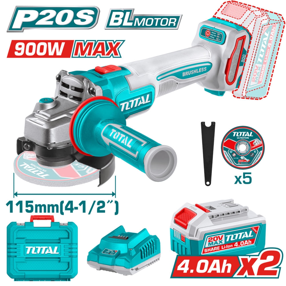 AMOLADORA 20V BRUSHLESS 3000-9000RPM 115MM M14 900W 2X4.0AH 