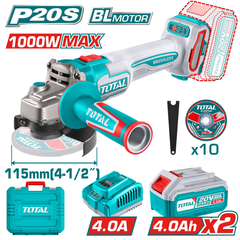 AMOLADORA 20V BRUSHLESS 3000-9000PRM 115MM M14 1000W MAX 2X4