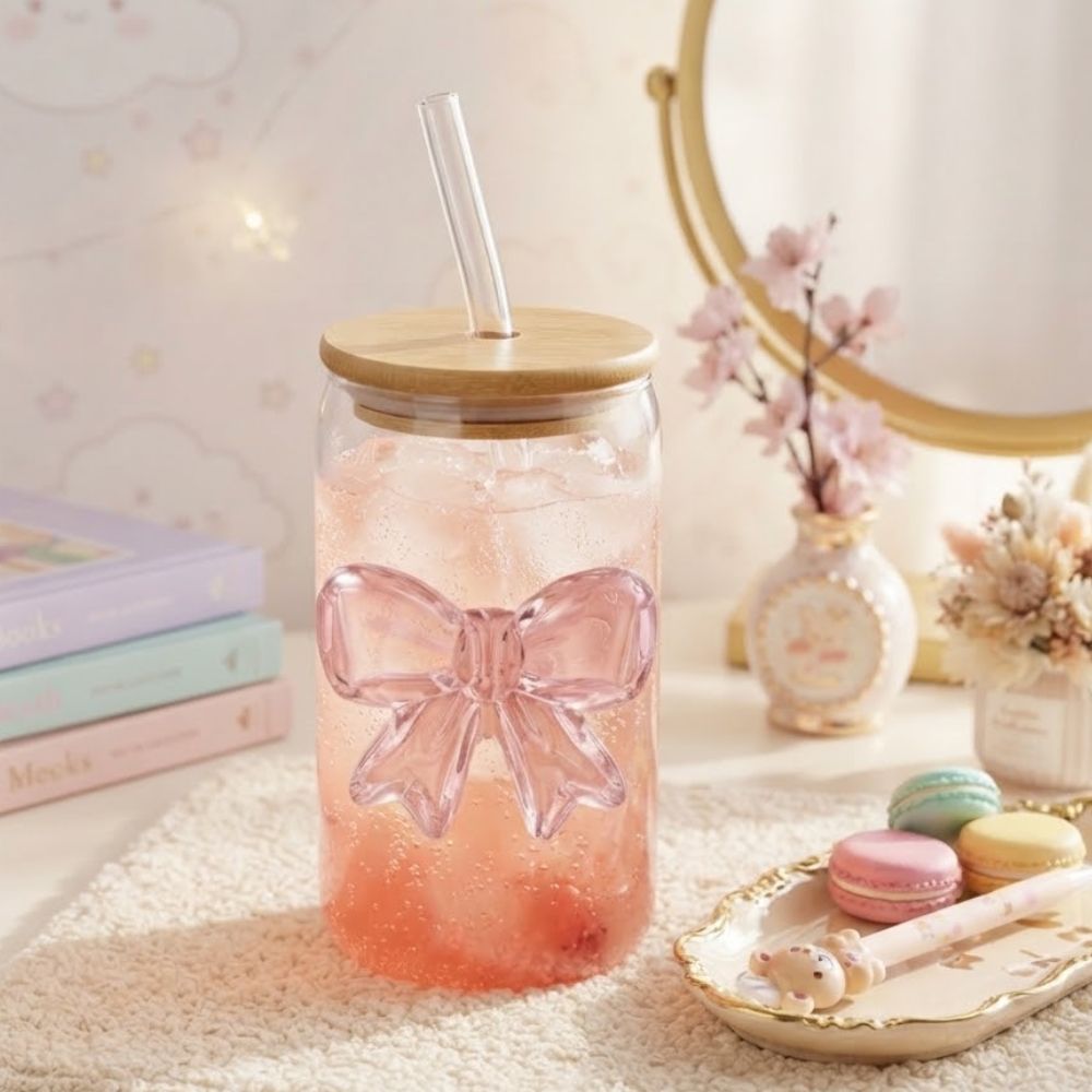 Vaso con Lazo de Vidrio Borosilicato 500 ml con Tapa de Bambú y Sorbete de Vidrio