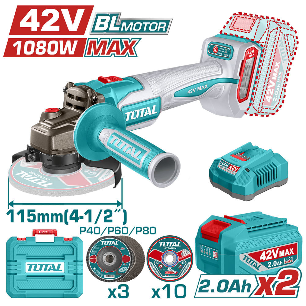 AMOLADORA 42V BLMOTOR 3000-9000RPM 115MM M14 1080WMAX 2X2.0A