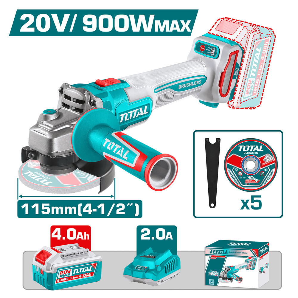 AMOLADORA 20V BRUSHLESS 3000-9000RPM 115MM M14 900W 1X4.0AH 