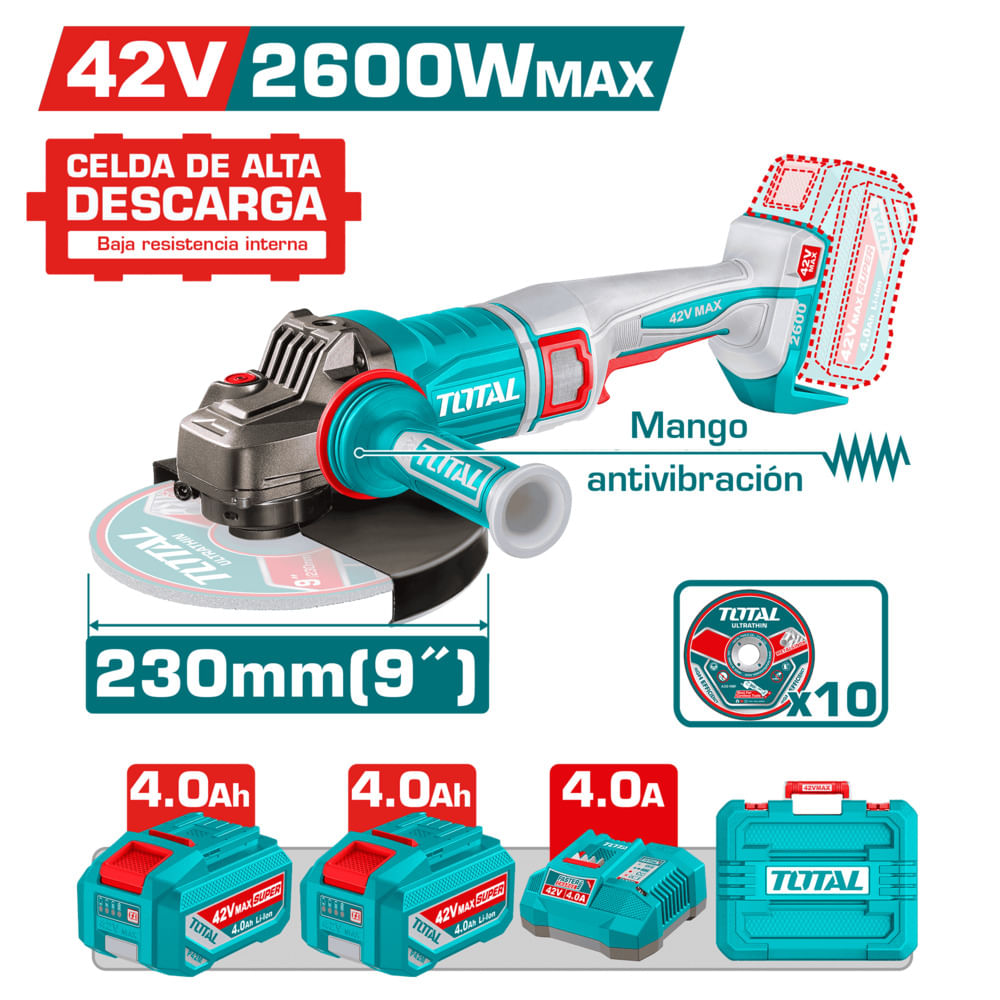 AMOLADORA 42V BLMOTOR 6300RPM 230MM M14 2600W MAX 2X4.0AH AC