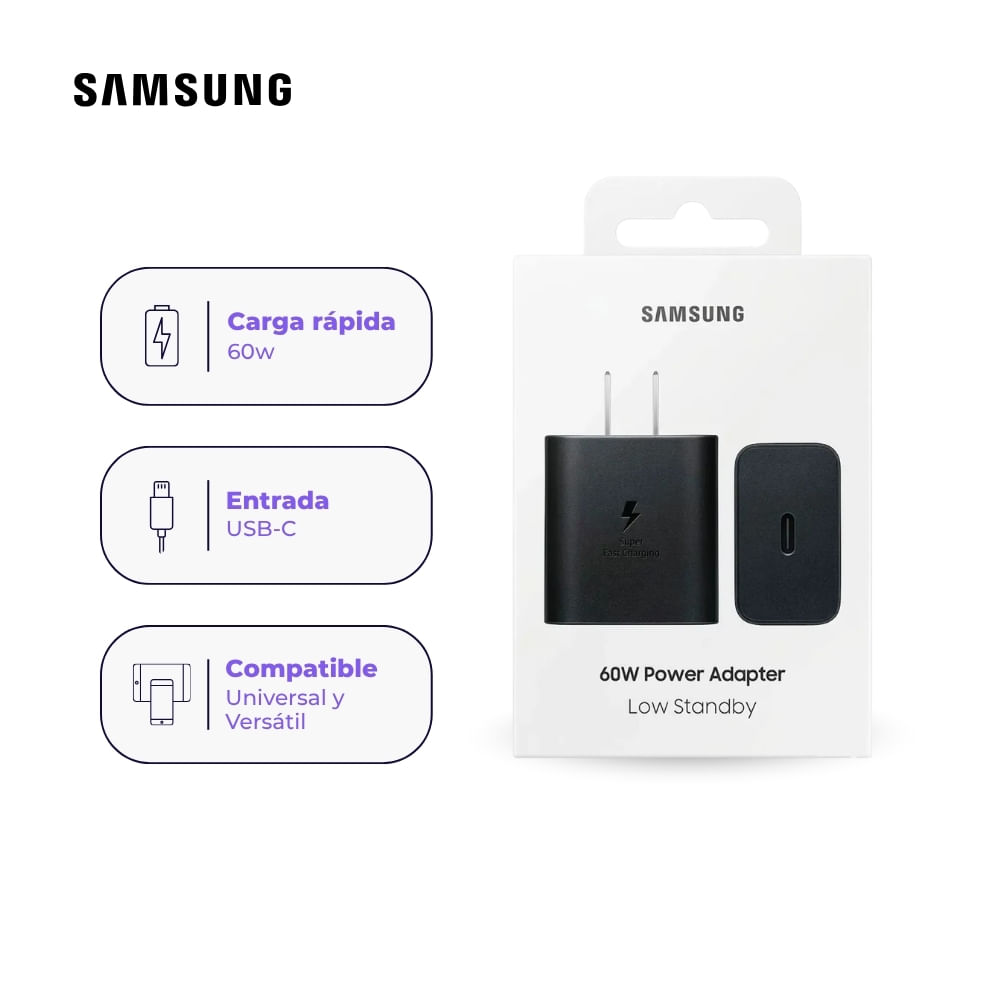 Cargador Samsung 60W Super Carga Rápida Original USB-C Negro Sin Cable