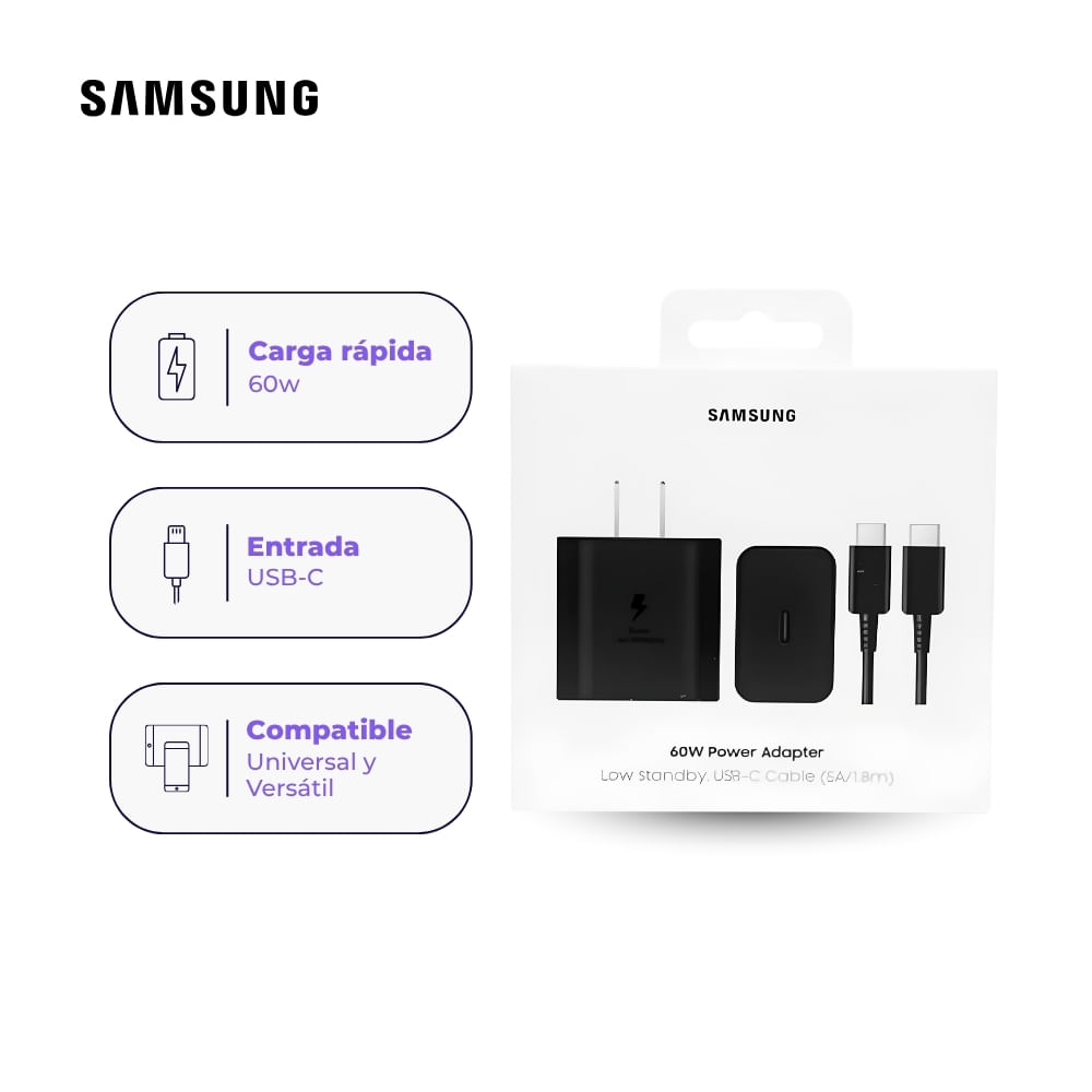 Cargador Samsung 60W Super Carga Rápida Original USB-C Negro con Cable