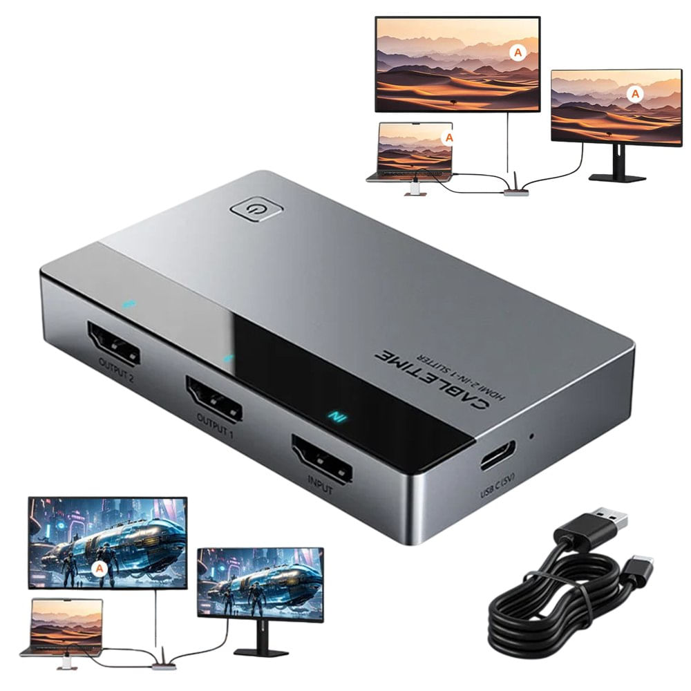 Splitter HDMI 1 en 2 CABLETIME 4K 60Hz Duplicador Extensor Espejo ABB-AAA USB-C Aluminio CP36G
