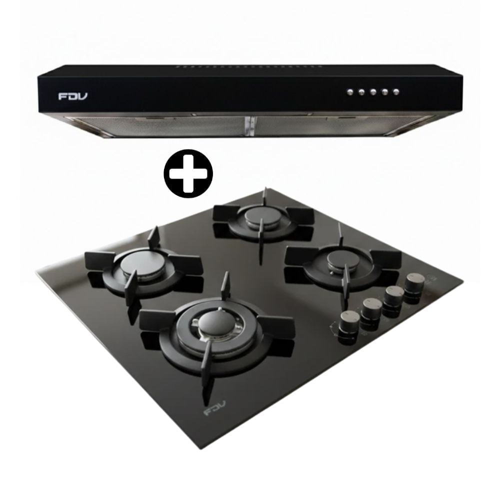 COMBO Campana Convencional FDV 60cm Slim Prestige Negro + Encimera a Gas Fdv 4 Quemadores 60cm Onix 2.0
